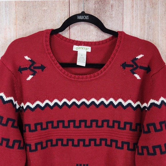 Orvis Womens Pullover Sweater Size XL Red Wool Blend Long Sleeve Aztec Indian - Picture 2 of 7